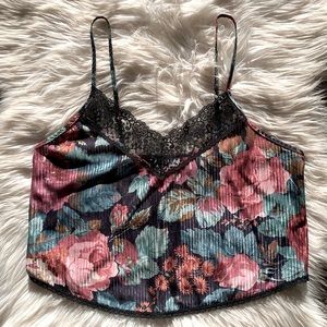 Floral Multicolor Silk Like Semi Sheer Lace Cropped Tank Top Lingerie Chemise